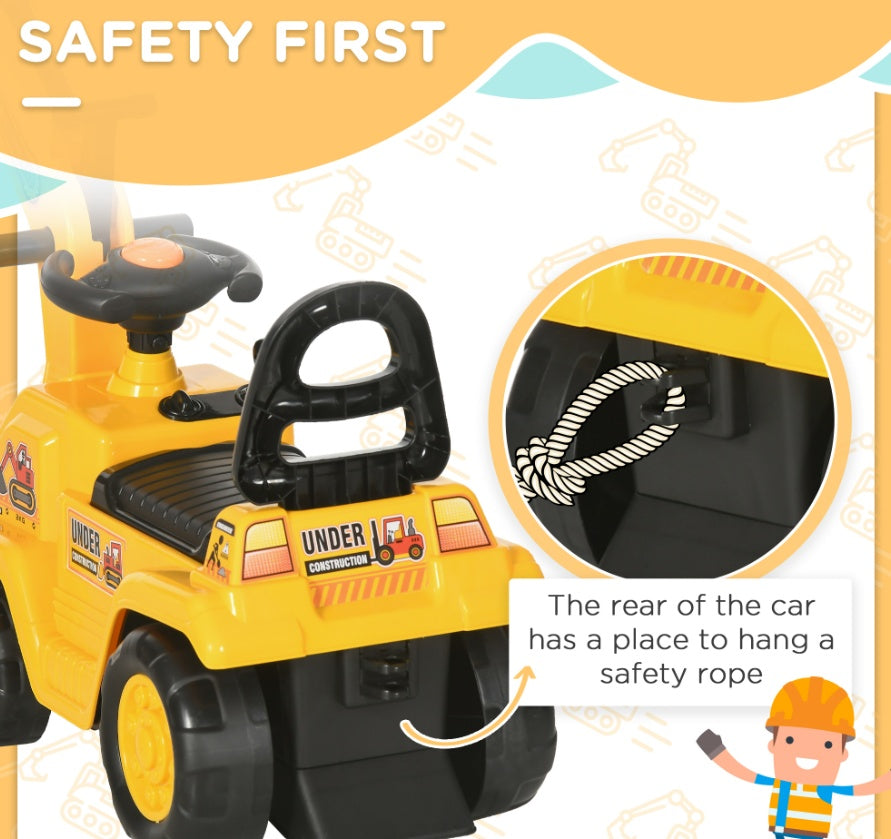 3-in-1 Ride On Excavator Digger Scooter & Pulling Cart, Construction Pretend Play Toy For Kids